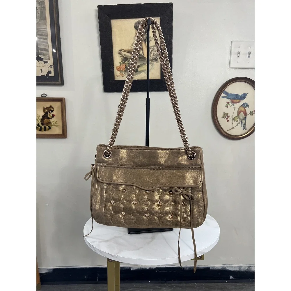 Rebecca Minkoff Metallic Gold Quilted Studded Leather Shoulder Chain Bag 91H